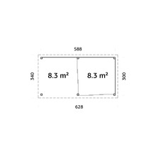 Plan d''un abri de jardin mesurant 628 x 588 x 340 x 300 cm et d''une superficie de 8,3 mètres carrés par pièce