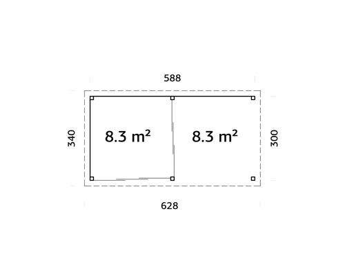 Plan avec dimensions : 588 x 628 x 340 x 300, 8,3 mètres carrés chacun.