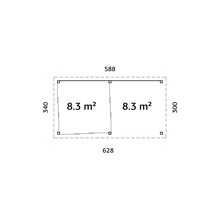 Plan avec dimensions et une surface de 8.3 mètres carrés par pièce