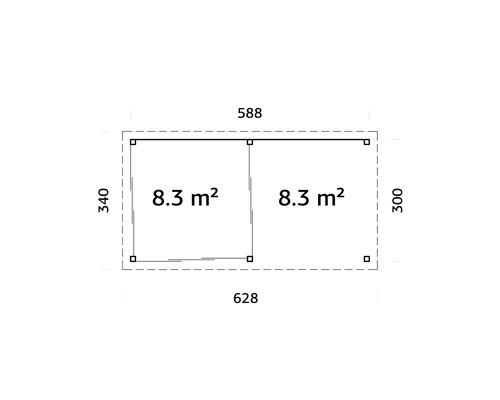 Plan avec dimensions et une surface de 8.3 mètres carrés par pièce