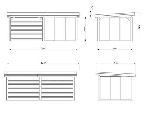 Dessin technique d''un abri de jardin avec dimensions.
