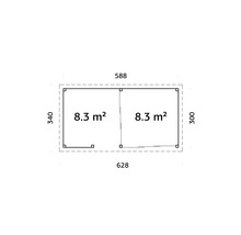 Plan d''un abri de jardin avec indication de la surface et des dimensions extérieures.
