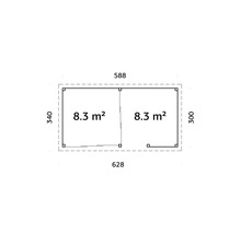 Plan d''un abri de jardin avec indication de la surface des pièces et des dimensions