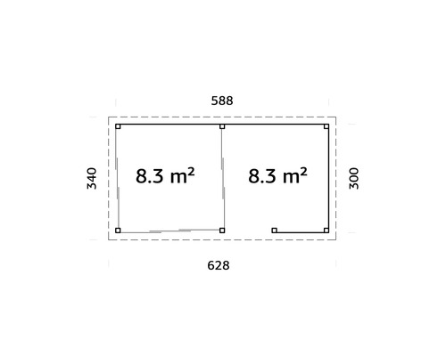 Plan d''un abri de jardin avec deux pièces de 8,3 mètres carrés chacune