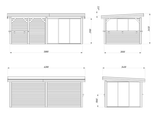 Dessin technique d''un abri de jardin avec dimensions.