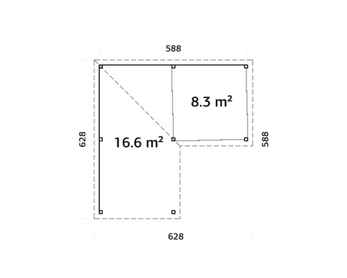 Plan avec dimensions : 16,6 mètres carrés et 8,3 mètres carrés