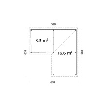 Plan d''un abri de jardin mesurant 628 x 588 cm et d''une superficie de 8,3 m² ou 16,6 m².