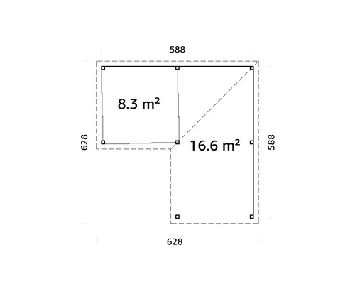 Plan d''un abri de jardin mesurant 628 x 588 cm et d''une superficie de 8,3 m² ou 16,6 m².
