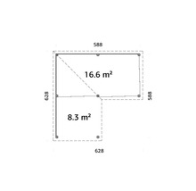 Plan d''un abri de jardin mesurant 588 sur 588 et 628 sur 628, qui forment ensemble une superficie de 16,6 mètres carrés et 8,3 mètres carrés.