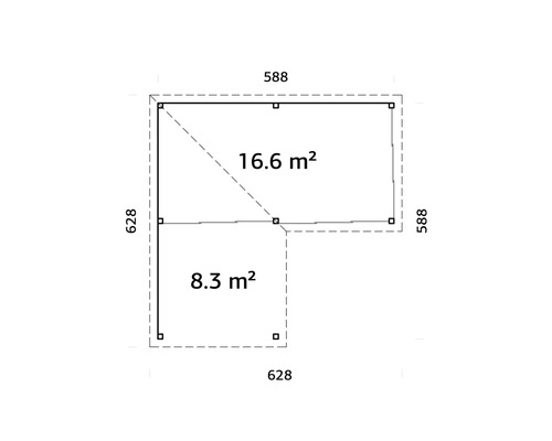 Plan d''un abri de jardin mesurant 588 sur 588 et 628 sur 628, qui forment ensemble une superficie de 16,6 mètres carrés et 8,3 mètres carrés.
