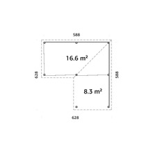 Plan avec indication des surfaces : 16,6 mètres carrés et 8,3 mètres carrés