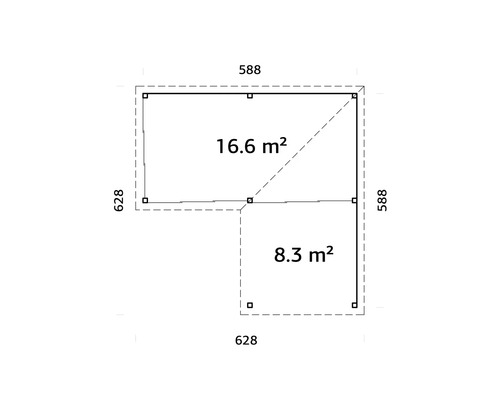 Plan avec indication des surfaces : 16,6 mètres carrés et 8,3 mètres carrés