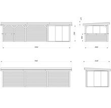 Dessin technique d''un abri de jardin avec dimensions.