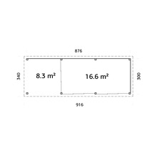 Plan d''un abri de jardin mesurant 876 x 340 et 916 x 300 avec indication de surface