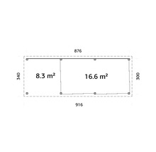 Plan d''un abri de jardin mesurant 876 sur 340 et 916 sur 300, divisé en zones de 8,3 et 16,6 mètres carrés