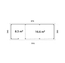 Plan avec dimensions 876 x 340 cm et surfaces des pièces 8,3 m² et 16,6 m²