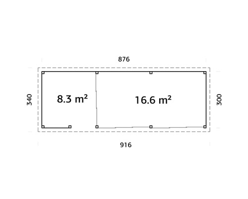 Plan avec dimensions 876 x 340 cm et surfaces des pièces 8,3 m² et 16,6 m²