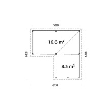 Plan d''un abri de jardin avec une superficie de 16.6 mètres carrés et 8.3 mètres carrés