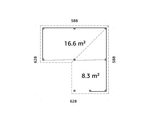 Plan d''un abri de jardin avec une superficie de 16.6 mètres carrés et 8.3 mètres carrés