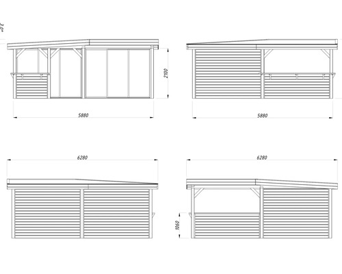 Schéma technique d''une cabane de jardin avec des dimensions de 5880 x 6280 mm