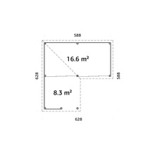 Plan d''un abri de jardin mesurant 588 sur 588 et 628 sur 628 centimètres, avec une superficie de 16,6 et 8,3 mètres carrés