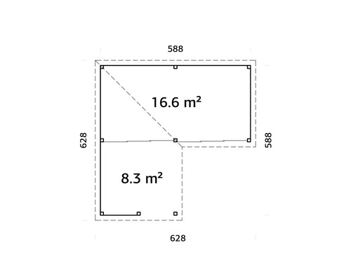 Plan d''un abri de jardin mesurant 588 sur 588 et 628 sur 628 centimètres, avec une superficie de 16,6 et 8,3 mètres carrés