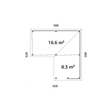 Plan avec indications de surface 16.6 mètres carrés et 8.3 mètres carrés ainsi que les dimensions en millimètres