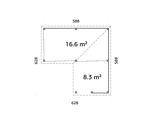 Plan avec indications de surface 16.6 mètres carrés et 8.3 mètres carrés ainsi que les dimensions en millimètres