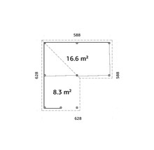 Plan d''un abri de jardin avec des dimensions de 588 sur 588 centimètres et 628 sur 628 centimètres, superficie totale de 16,6 mètres carrés et 8,3 mètres carrés