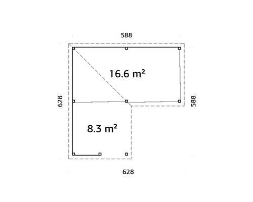 Plan d''un abri de jardin avec des dimensions de 588 sur 588 centimètres et 628 sur 628 centimètres, superficie totale de 16,6 mètres carrés et 8,3 mètres carrés