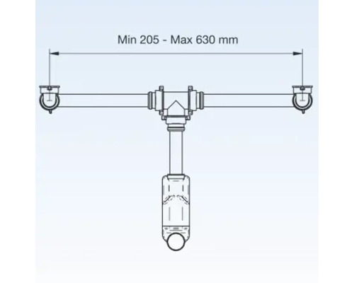 Garniture de vidange avec des dimensions allant de 205 millimètres minimum à 630 millimètres maximum.