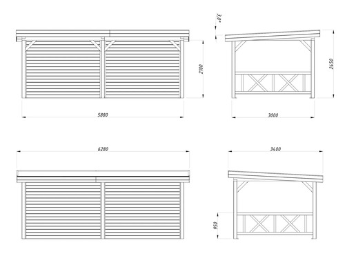 Schéma technique d''un garage double en bois avec indications de dimensions.