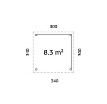 Plan avec dimensions : Surface de 8.3 mètres carrés, longueurs latérales de 300 centimètres et 340 centimètres