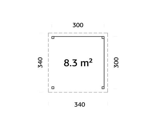Plan avec dimensions : Surface de 8.3 mètres carrés, longueurs latérales de 300 centimètres et 340 centimètres