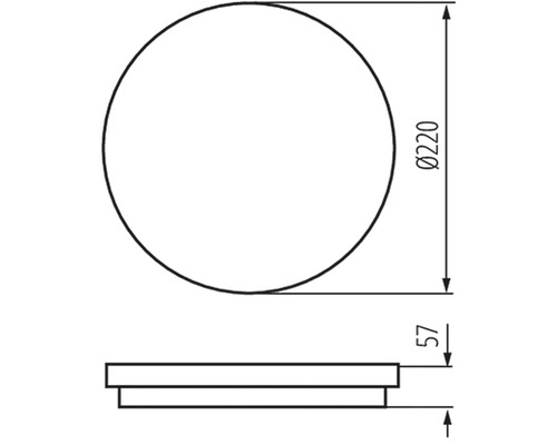 Technische Zeichnung eines runden Produkts mit einem Durchmesser von 220 mm und einer Höhe von 57 mm