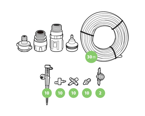 Kit d''arrosage avec tuyau, raccords et goutteurs