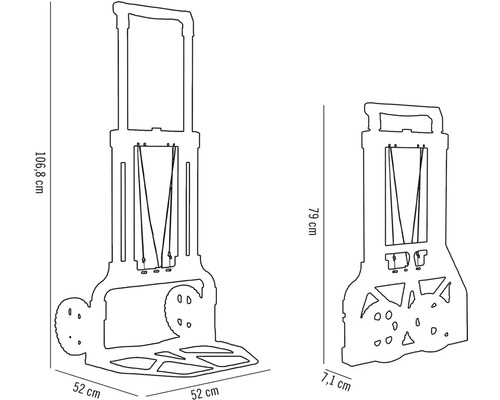 Dessin technique d''un chariot de transport mesurant 106,8 cm de haut et 52 cm de large, et d''un chariot plié mesurant 79 cm de haut et 7,1 cm de large.