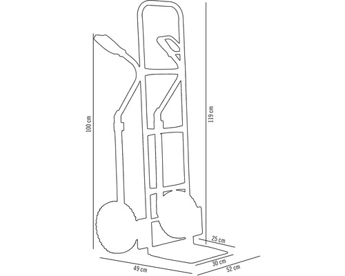 Dimensions d''un diable : 100 cm de hauteur, 119 cm de hauteur totale, 49 cm de largeur, 52 cm de profondeur, 30 cm de largeur de pelle, 25 cm de profondeur de pelle.