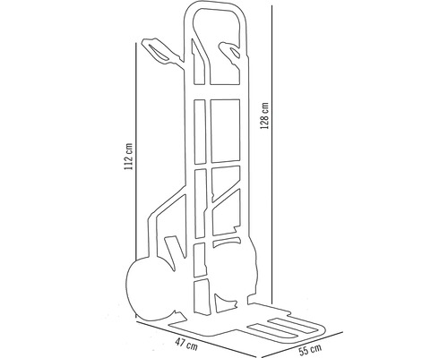 Dimensions d''un diable : 128 cm de hauteur, 47 cm de largeur et 55 cm de profondeur.