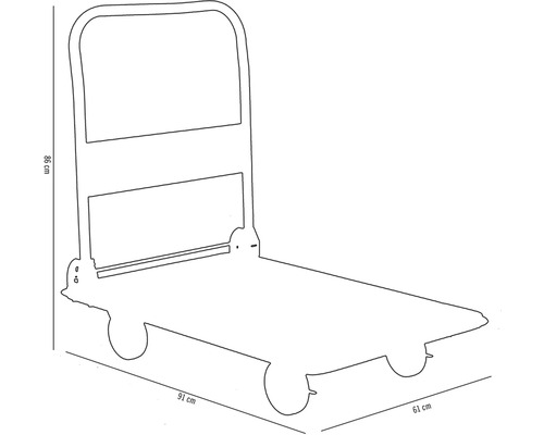 Diable aux dimensions suivantes : 86 cm de hauteur, 91 cm de longueur et 61 cm de largeur.