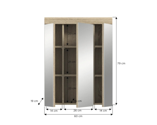 Abmessungen eines Spiegelschranks mit offenen Türen und Innenfächern