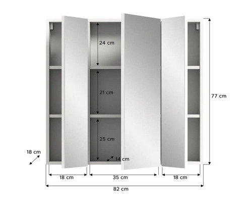 Abbildung eines Spiegelschranks mit Abmessungen