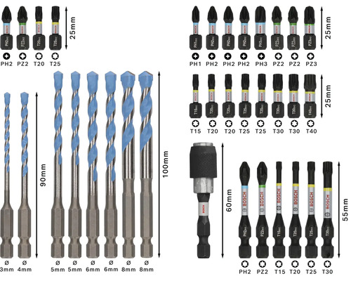 Ensemble de forets et d''embouts de différentes tailles