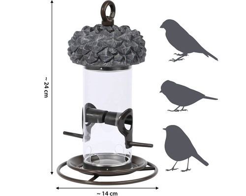Mangeoire pour oiseaux avec réservoir transparent, environ 24 cm de haut et 14 cm de large
