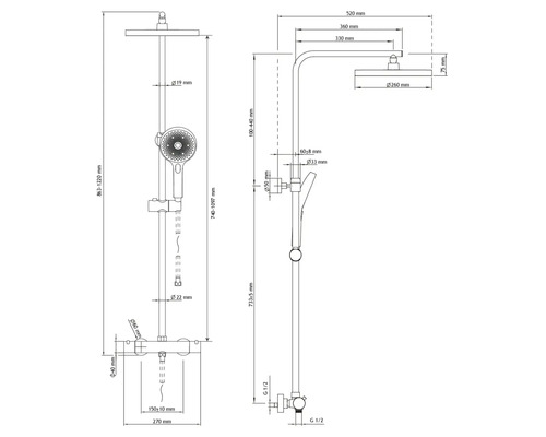 Schéma technique d''une colonne de douche avec dimensions