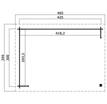 Technische Zeichnung eines Gartenhauses mit Maßangaben