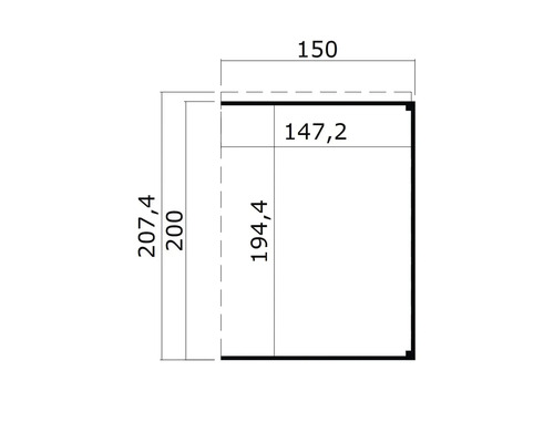 Dessin technique avec cotes : 207,4, 200, 150, 147,2 et 194,4.