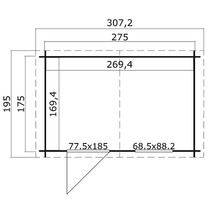 Grundrisszeichnung eines Gartenhauses mit Massangaben