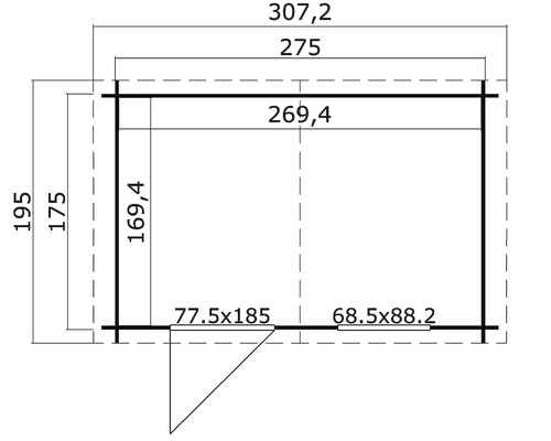 Grundrisszeichnung eines Gartenhauses mit Massangaben