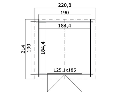 Grundrisszeichnung eines Gartenhauses mit Maßangaben